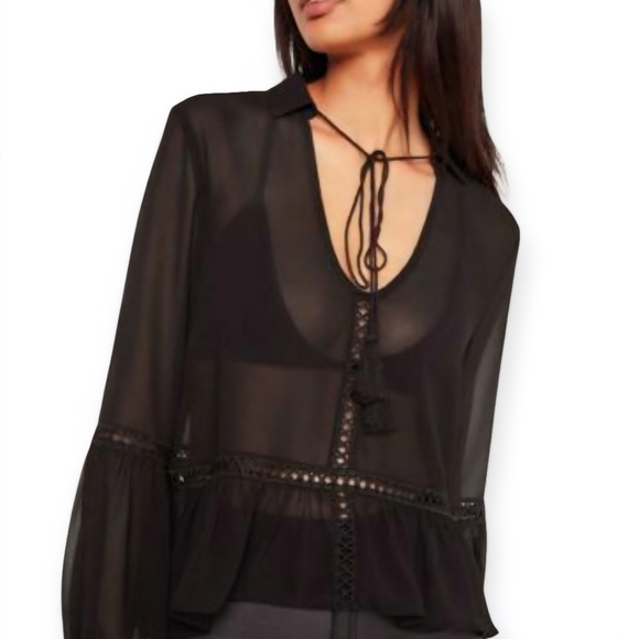 Market Tops - Market Black Sheer Blouse with Tie Detail